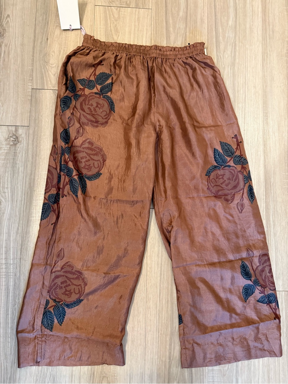Alix Of Bohemia Brown/Rust Floral-Accent Silk Pants